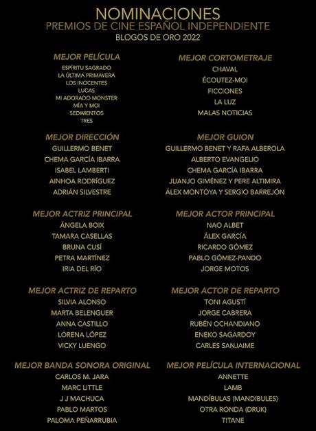 Nominaciones Premios de Cine español Independiente Blogos de Oro 2022 Nominaciones Premios de Cine español Independiente Blogos de Oro 2022