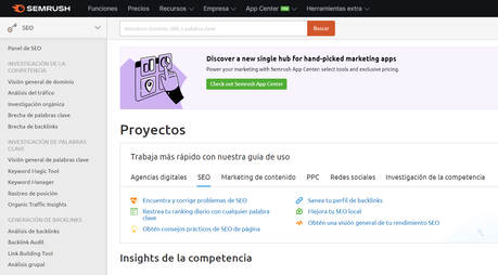 Menú principal de semrush
