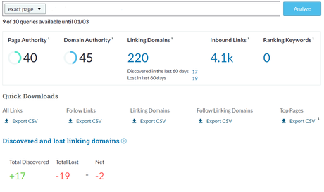 Menú principal de herramienta SEO Moz