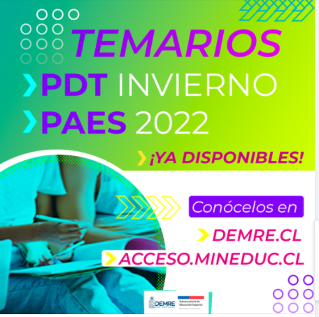 Se recuerda que ya están disponibles los temarios de la PDT de Invierno y de la nueva PAES 2022. Se recuerda que ya están disponibles los temarios de la PDT de Invierno y de la nueva PAES 2022.