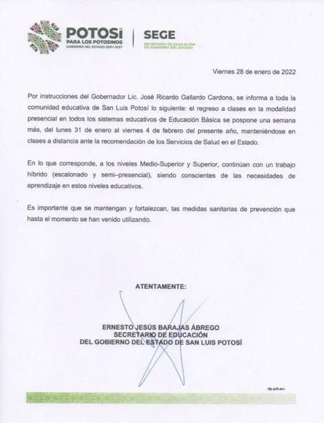 Se pospone una semana las clases presenciales en SLP