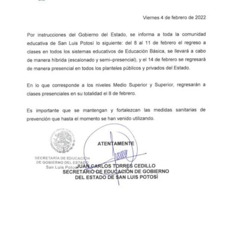 Regreso a clases presenciales en SLP será este 14 de febrero