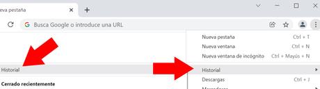 Cómo Averiguar Cuando Fue la Última vez que Visitaste un Sitio Web en Google Chrome Google Chrome en un ordenador mostrando dos menús, en donde se puede observar una opción llamada “Historial” en ambos menús.