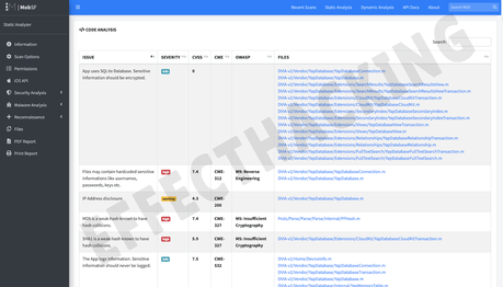 Pantalla de análisis de código de MobSF iOS