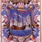 La Ciudad de Santander, tiene por armas un navío a toda vela rompiendo la cadena con que Bernadino Rey Moro de Sevilla, tenía asegurado el paso del Guadalquivir