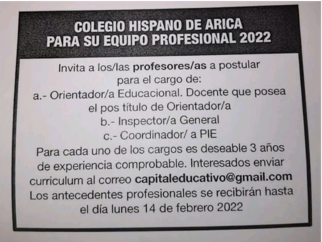 OPORTUNIDADES DE EMPLEOS PARA ORIENTADORAS Y ORIENTADORES EN CHILE. SEMANA 07 AL 13-02-2022.