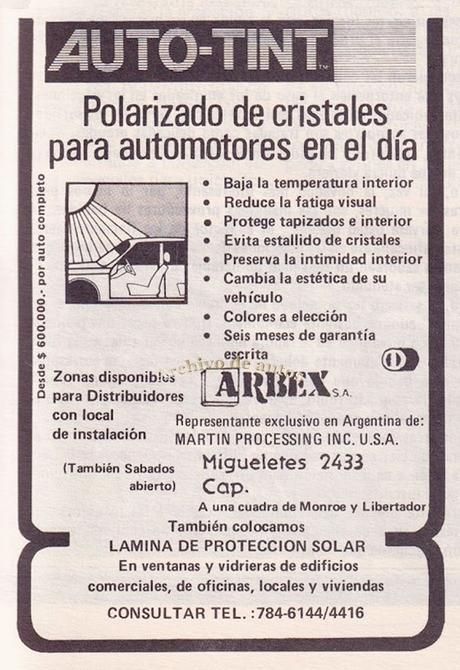 Auto-Tint, un polarizado ofrecido en el mercado argentino en 1981