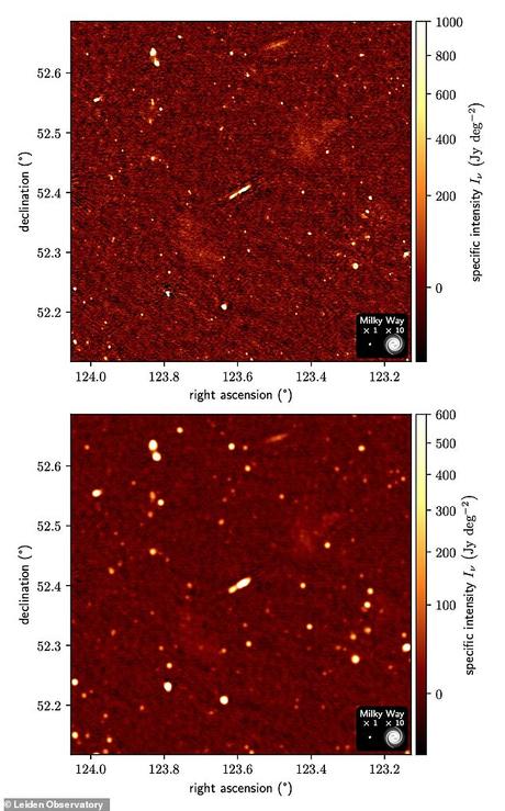 Oye y su equipo descubrieron la galaxia más grande conocida mientras buscaban valores atípicos en los datos recopilados por la matriz de baja frecuencia de Europa.  Los investigadores tuvieron que eliminar las fuentes de radio integradas de las imágenes para ayudar a revelar los lóbulos de radio y localizar a Alcioneo (en la foto)