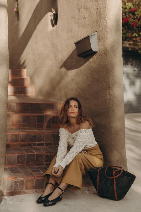 Sézane outfit of the day, cream top, yellow wide-leg trousers and shopping basket - Collage Vintage