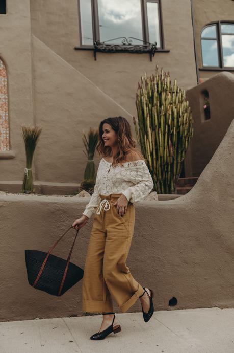 Sézane outfit of the day, cream top, yellow wide-leg trousers and shopping basket - Collage Vintage