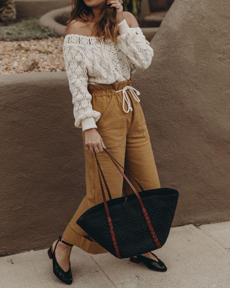 Sézane outfit of the day, cream top, yellow wide-leg trousers and shopping basket - Collage Vintage