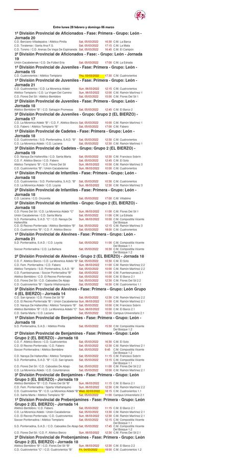 Fútbol Base en el Bierzo. Todos los partidos de la Jornada del 6 de marzo 1