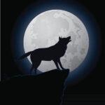 Vector illustration of a wolf howling in front of a full moon.