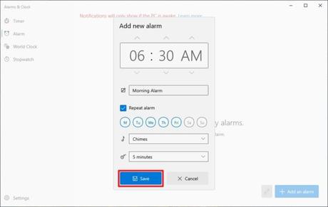 save 4 - Cómo usar alarmas en Windows 10 y asegurarse de que suene 14 save 4 - Cómo usar alarmas en Windows 10 y asegurarse de que suene 13
