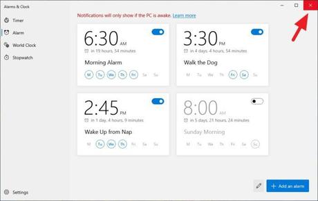 cerrar la alarma - Cómo usar alarmas en Windows 10 y asegurarse de que suene 18 cerrar la alarma - Cómo usar alarmas en Windows 10 y asegurarse de que suene 17