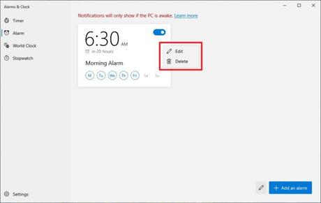 clic derecho en alarma - Cómo usar alarmas en Windows 10 y asegurarse de que suene 16 alarma de clic derecho: cómo usar alarmas en Windows 10 y asegurarse de que suene 15