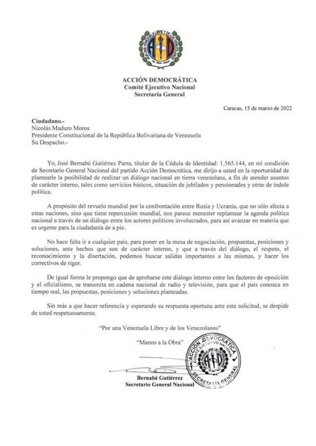 AD dirige carta al presidente Nicolás Maduro para solicitar evaluación de diálogo político en territorio nacional