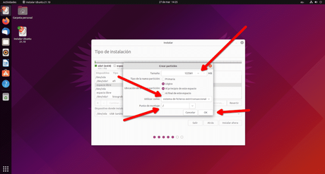 Crear partición raíz para instalar Ubuntu