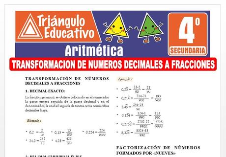 Transformación de Números Decimales a Fracciones para Cuarto de Secundaria Transformación de Números Decimales a Fracciones para Cuarto de Secundaria