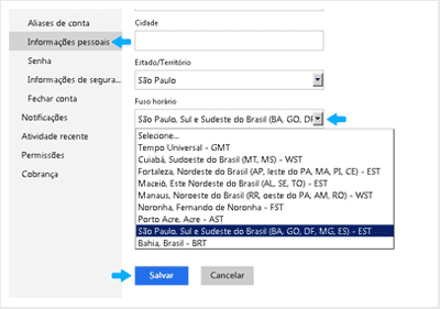 Cambiar la zona horaria en Outlook.com. Imagen sobre la opción de cambio de zona horaria en Outlook.com.