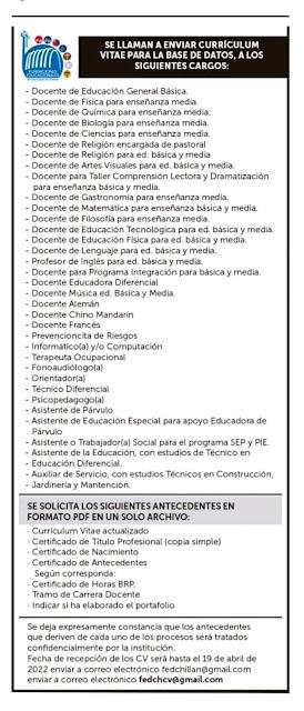 OPORTUNIDADES DE EMPLEOS PARA ORIENTADORAS Y ORIENTADORES EN CHILE. SEMANA DEL 04 al 10-04-2022.