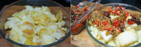 Bacalao al horno con patatas, cebolla y pimientos