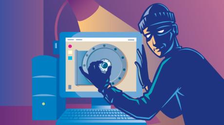 Arte conceptual que muestra a un pirata informático entrando en la PC para robar contraseñas wifi 