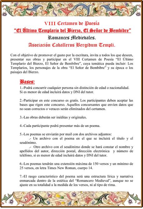 Bembibre organiza el VIII Certamen de Poesía de los Caballeros Bergidum Templi 5