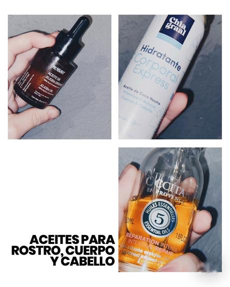 Aceites para cara, cuerpo y cabello.