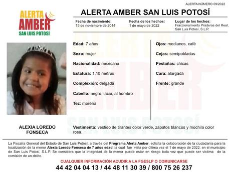 Alerta Amber: Alexia de 7 años fue vista por última vez en la capital potosina