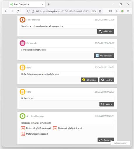 Compartir archivos e información con alumnos. Entorno académico Vista de la zona compartida de los alumnos usando metaenlaces dataprius