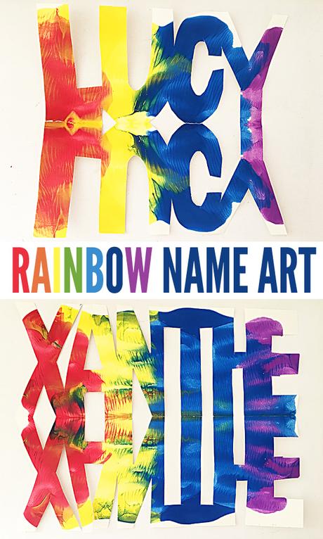Rainbow Name Art Project para niños en edad escolar.  Cree arte colorido basado en procesos con el nombre de cada niño.