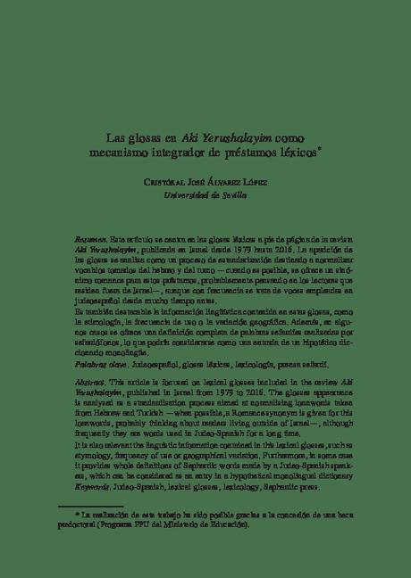 Las glosas en Aki Yerushalayim como mecanismo integrador de préstamos léxicos Paper Thumbnail