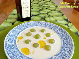 GAZPACHO ESPESO CON GAMBAS MACERADAS EN COÑAC, SALSA HP Y TABASCO.