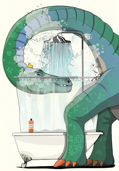 Criaturas mesozoicas en el baño por Andy Scullion