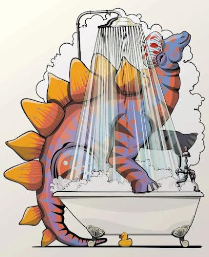 Criaturas mesozoicas en el baño por Andy Scullion