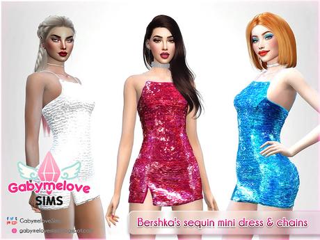 Sims 4 CC | Clothing: Bershka's shiny sequin mini dress & chains for women | Gabymelove Sims | Mini vestido corto de lentejuelas brillantes con tirantes de cadenas de Bershka para mujeres, mujer, femenino, lentejuela, sequins, fashion, mod, ropa, conjunto, download, descargar, gratis, free