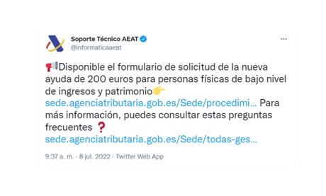 La Agencia Tributaria avisa: ya se puede solicitar la ayuda de 200 euros