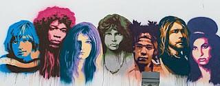 Grafiti del club de los 27 en Tel Aviv mostrando a diferentes miembros del club. De izquierda a derecha: Brian Jones, Jimi Hendrix, Janis Joplin, Jim Morrison, Jean-Michel Basquiat, Kurt Cobain y Amy Winehouse.
