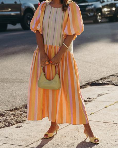 Sara from Collage Vintage wearing a Stine Goya summer dress, Zara yellow sandals and By Far bag