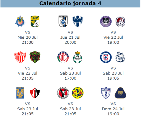Calendario Futbol Mexicano jornada 4