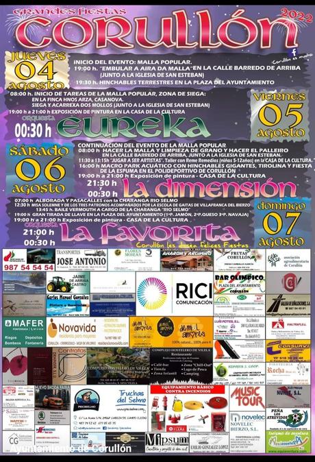 Grandes Fiestas en Corullón 2022 con celebración de malla popular. Programa del 4 al 7 de agosto 1 Grandes Fiestas en Corullón 2022 con celebración de malla popular. Programa del 4 al 7 de agosto 1
