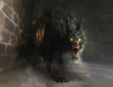 Un perro de Tindalos, una especie de lobo gigante con la piel desgarrada.