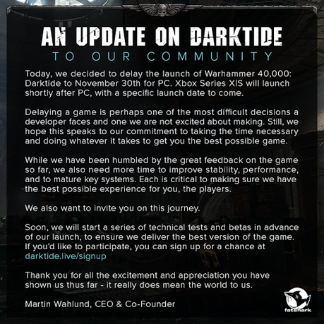 Darktide se retrasa de nuevo: Anuncio oficial desde Fatshark