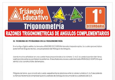 Razones Trigonométricas de Ángulos Complementarios para Primero de Secundaria Razones Trigonométricas de Ángulos Complementarios para Primero de Secundaria