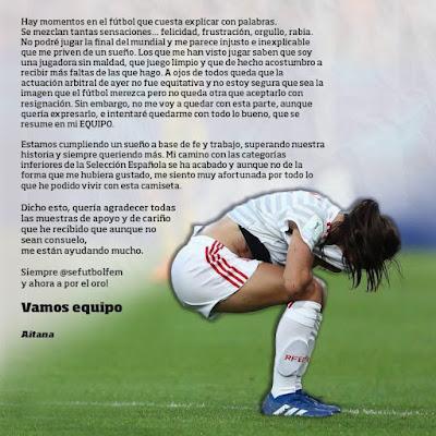 carta Aitana Bonmatí expulsión Mundial sub 20 Francia 2018