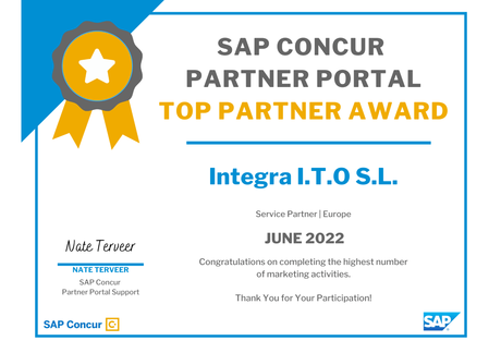 Integra ha obtenido el certificado por parte de SAP Concur Partner Portal como «Top Partner» en junio de 2022.