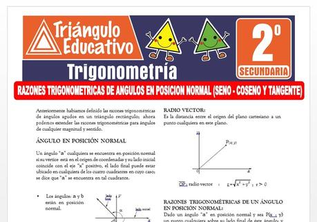 Razones Trigonométricas de Ángulos en Posición Normal Seno Coseno y Tangente para Segundo de Secundaria Razones Trigonométricas de Ángulos en Posición Normal Seno Coseno y Tangente para Segundo de Secundaria