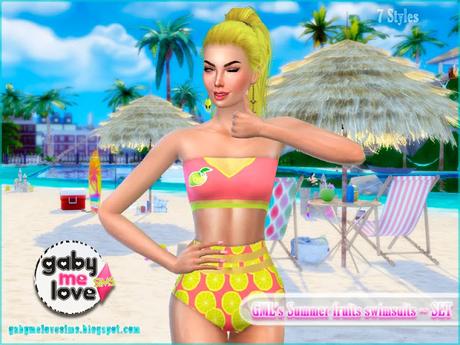 Sims 4 CC | Clothing: GML's Summer fruits swimsuits for women ~ SET | Gabymelove Sims | Custom Content, Contenido personalizado, mod, cloth, ropa, clothes, traje de baño, trajes de baño, bikini, Swimwear, Verano, Frutas, tropicales, para mujeres, mujer, pack, varios, coco, coconut, lemon, linón, toronja, pink, watermelon, sandía, patilla, Piña, pineapple, banana, cambur, mango, free download