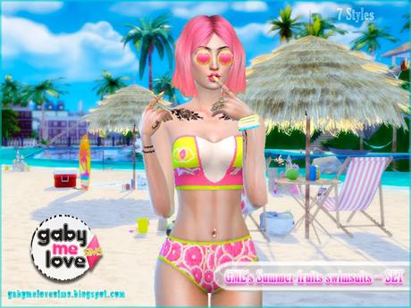 Sims 4 CC | Clothing: GML's Summer fruits swimsuits for women ~ SET | Gabymelove Sims | Custom Content, Contenido personalizado, mod, cloth, ropa, clothes, traje de baño, trajes de baño, bikini, Swimwear, Verano, Frutas, tropicales, para mujeres, mujer, pack, varios, coco, coconut, lemon, linón, toronja, pink, watermelon, sandía, patilla, Piña, pineapple, banana, cambur, mango, free download